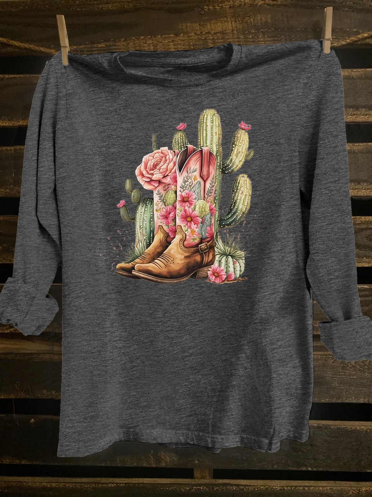 Cotton-Blend Loose Western Style Cactus T-Shirt