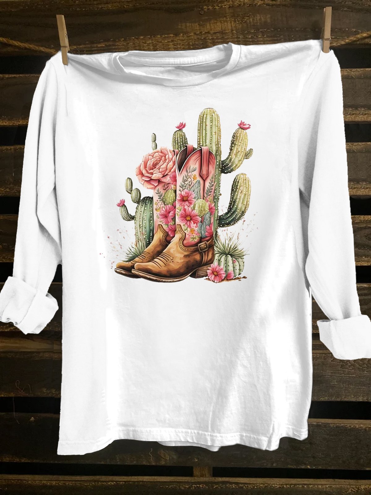 Cotton-Blend Loose Western Style Cactus T-Shirt
