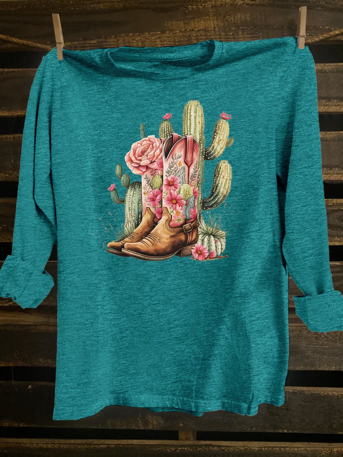 Cotton-Blend Loose Western Style Cactus T-Shirt