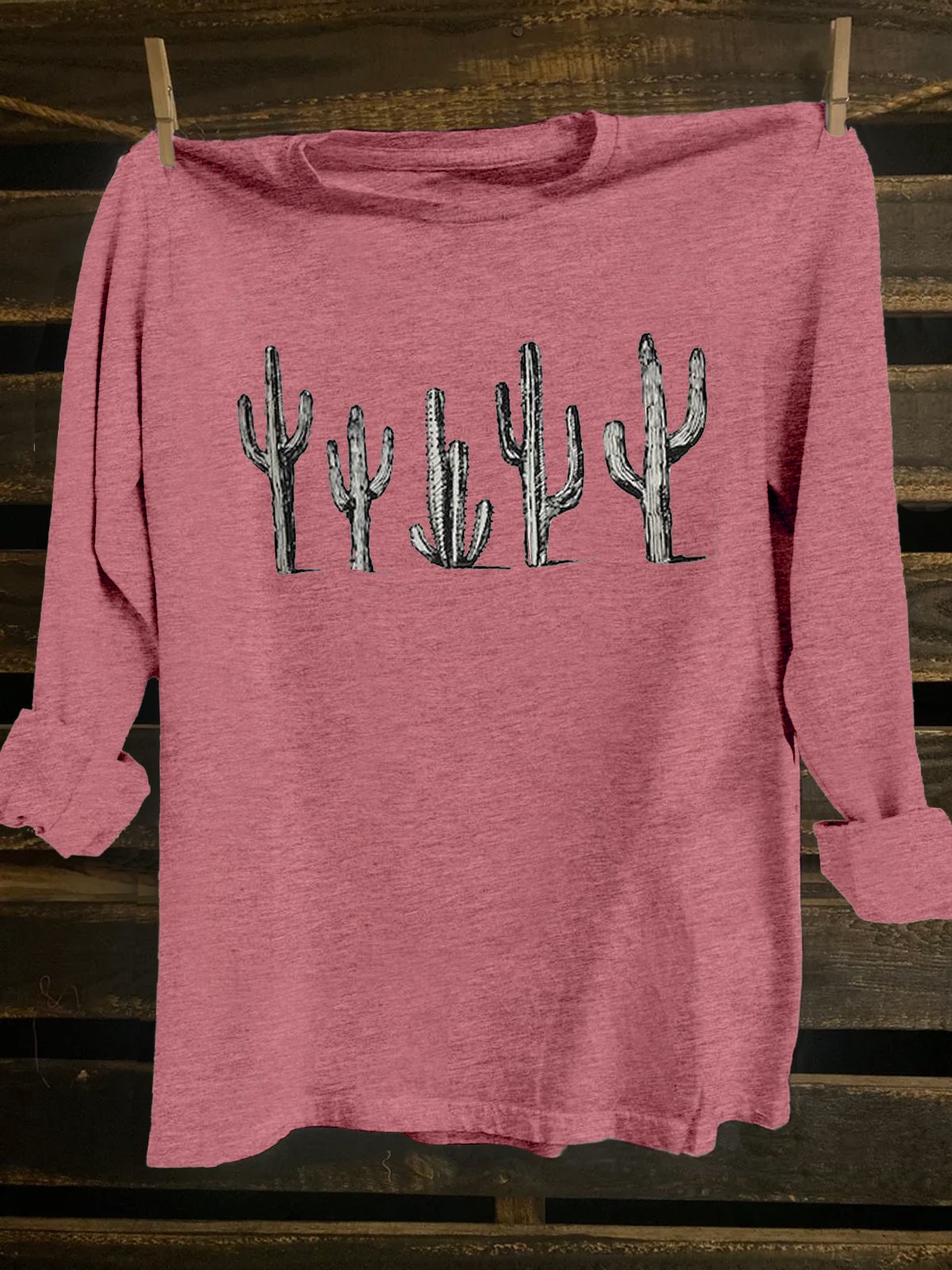 Western Style Cactus Cotton-Blend Crew Neck T-Shirt