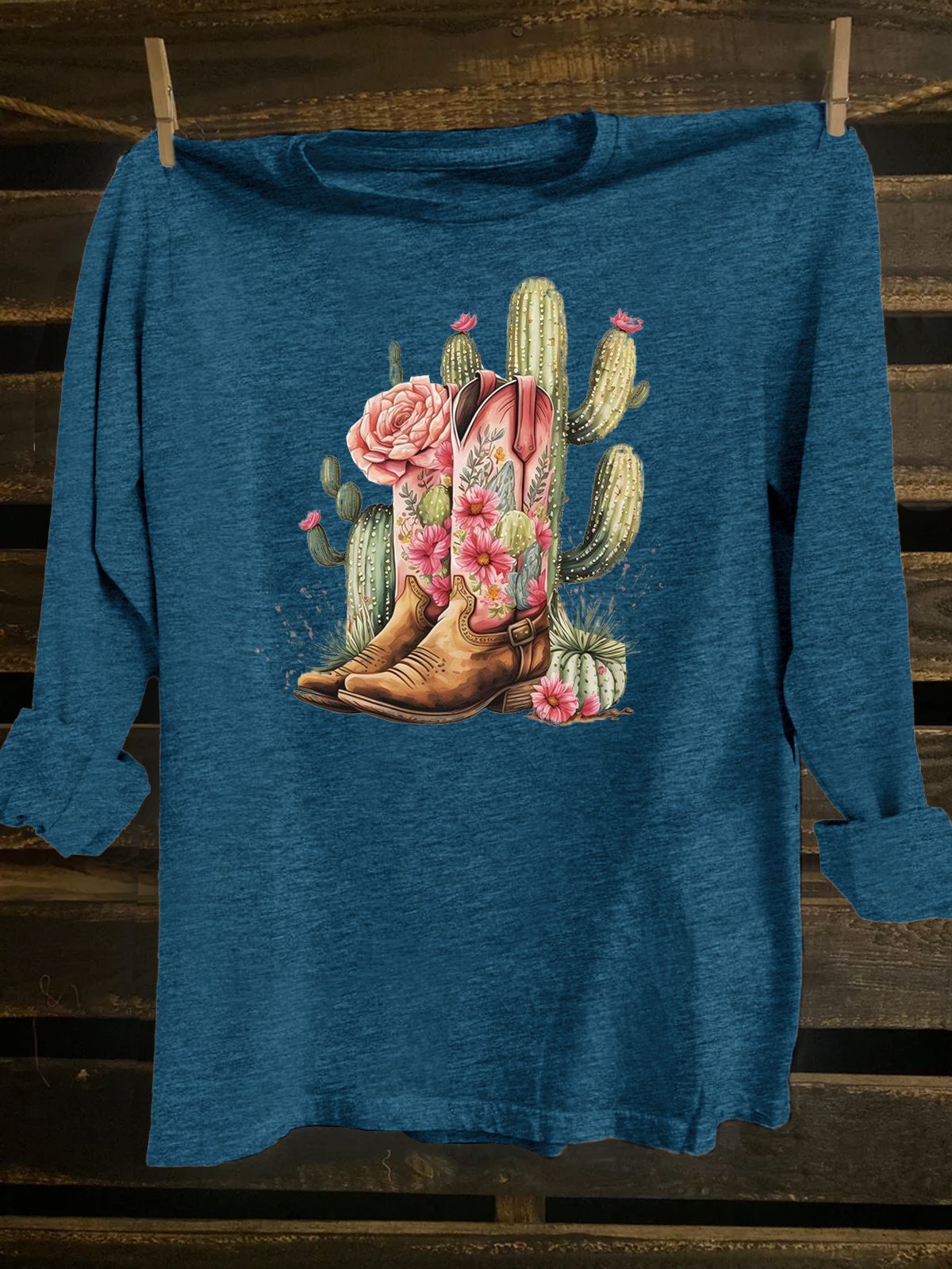Cotton-Blend Loose Western Style Cactus T-Shirt