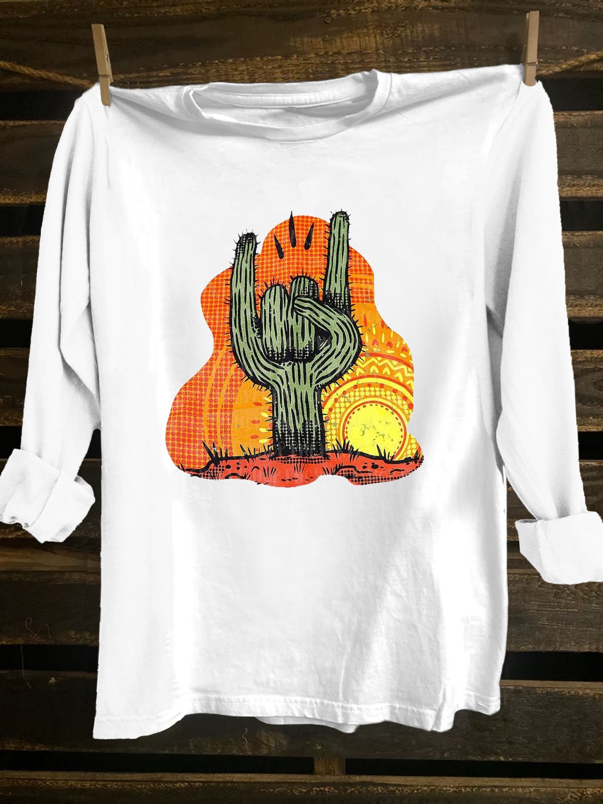 Cactus Scenery Printed Western Style Long SleeveT-Shirt