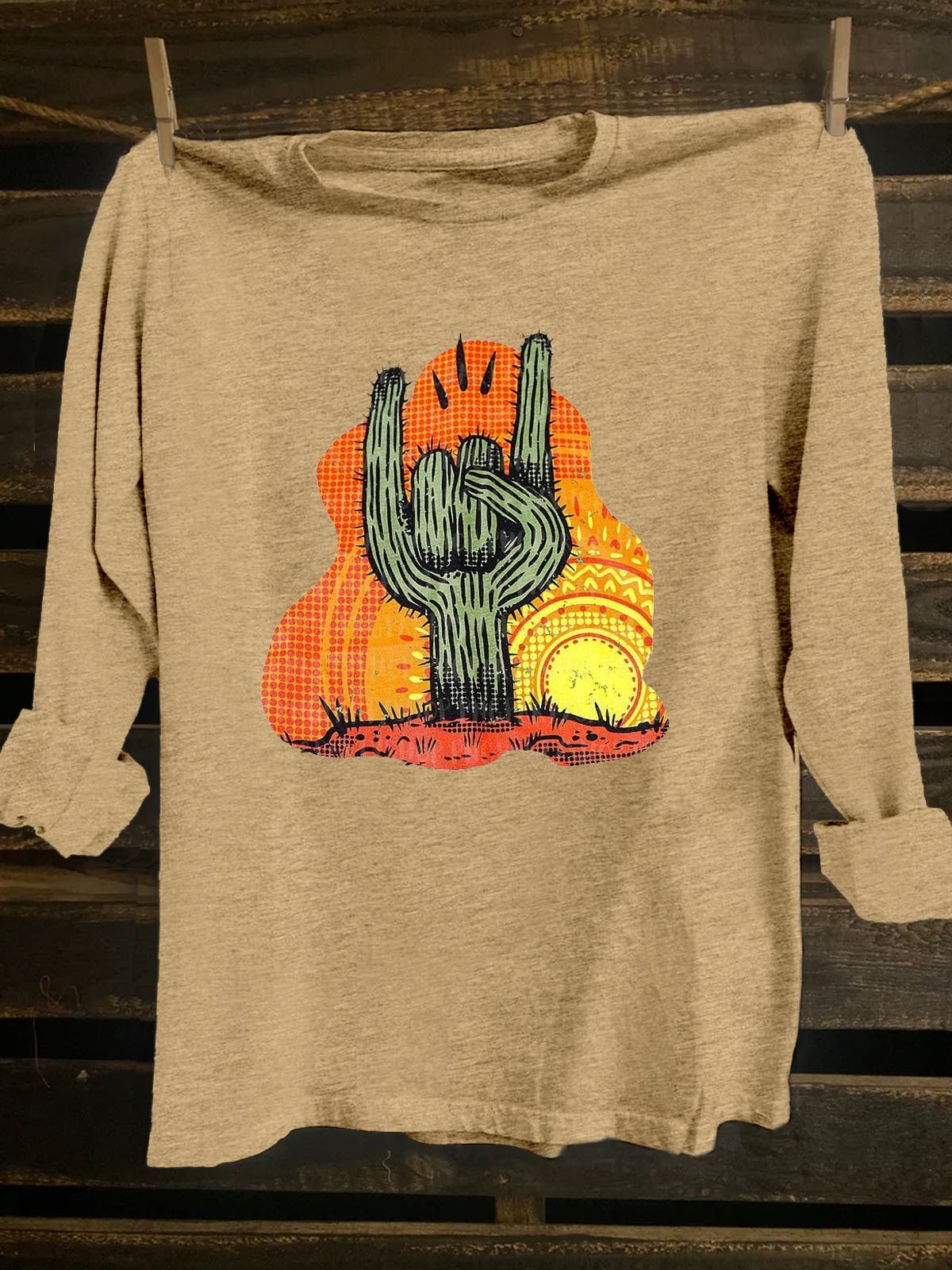 Cactus Scenery Printed Western Style Long SleeveT-Shirt
