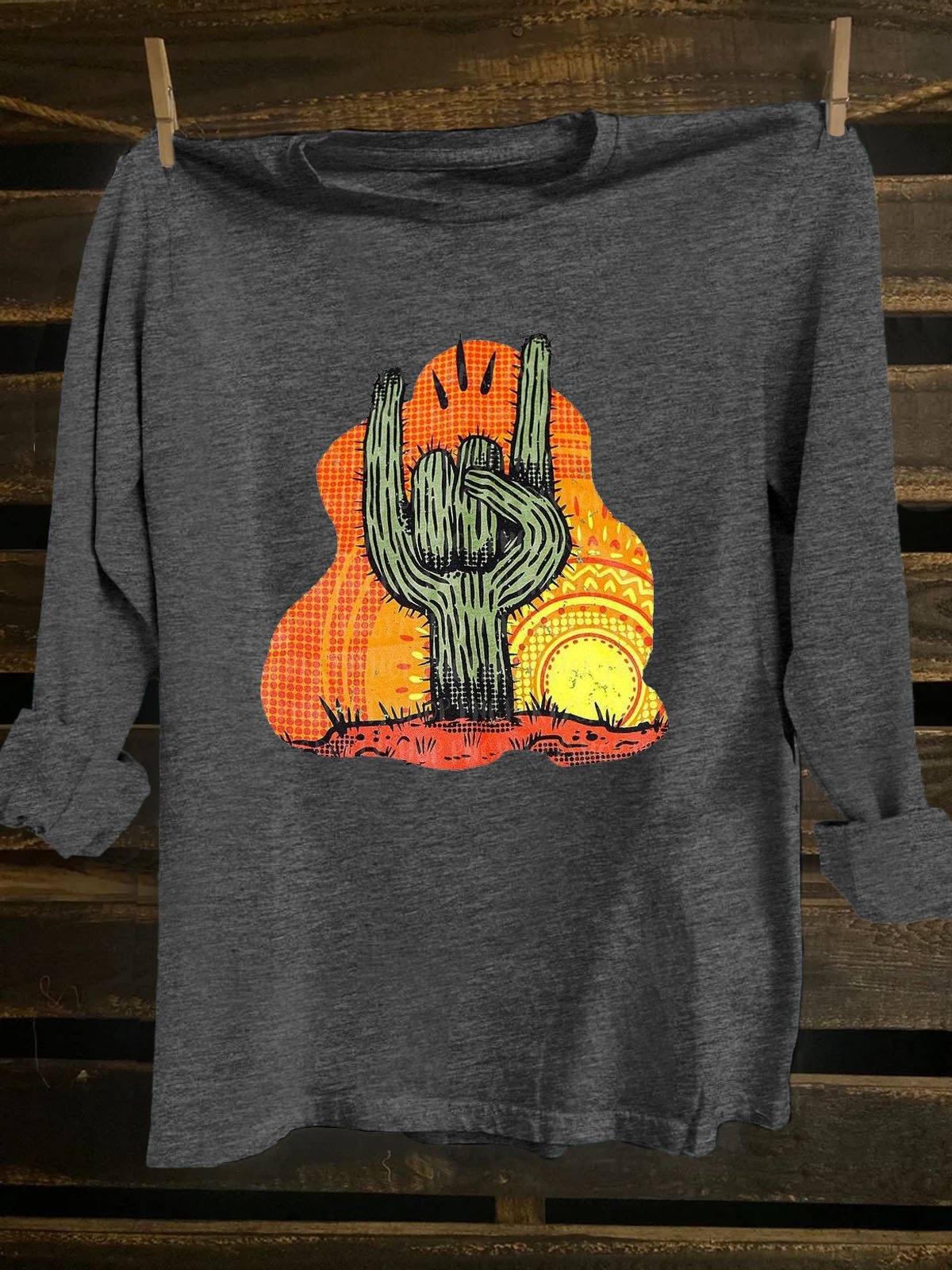 Cactus Scenery Printed Western Style Long SleeveT-Shirt