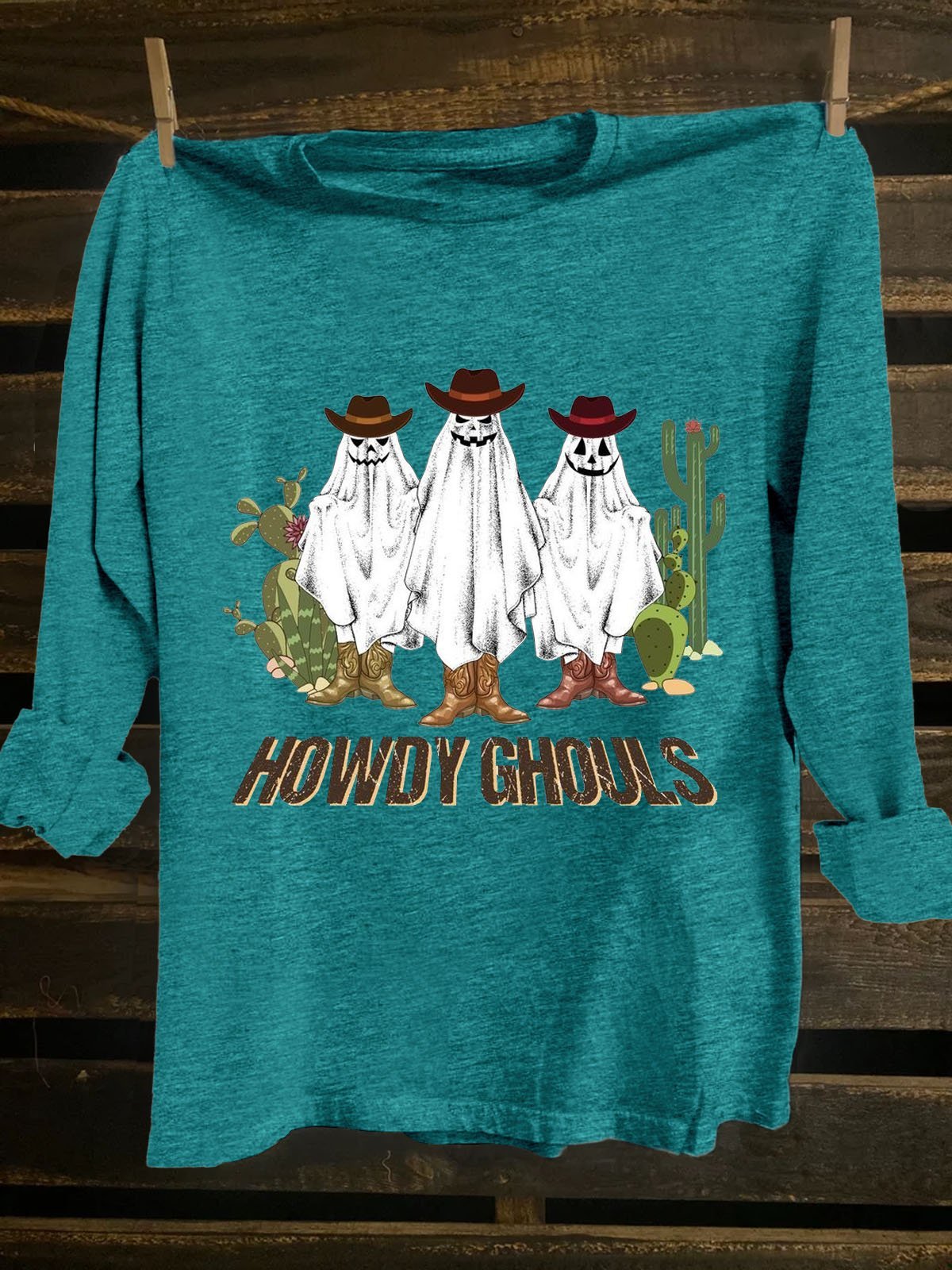 Hallow Text Letters Printed Long Sleeve Western Style T-Shirt