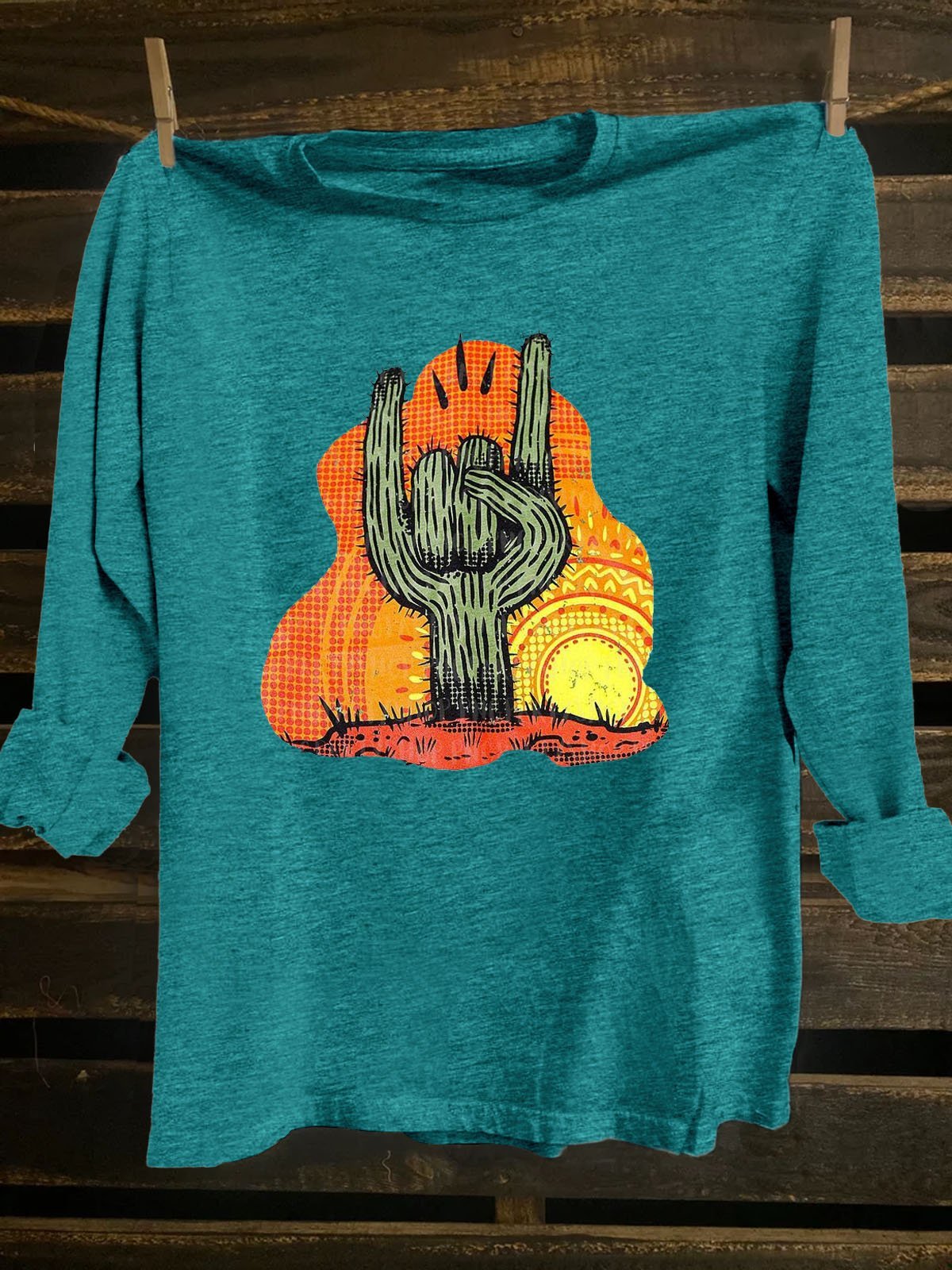 Cactus Scenery Printed Western Style Long SleeveT-Shirt
