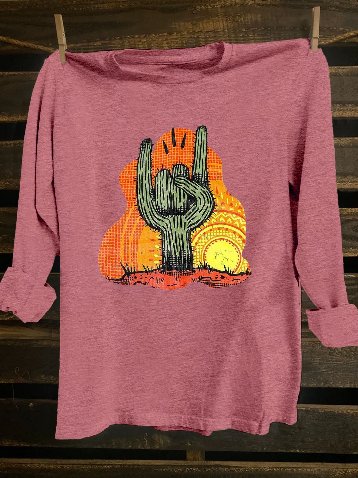 Cactus Scenery Printed Western Style Long SleeveT-Shirt