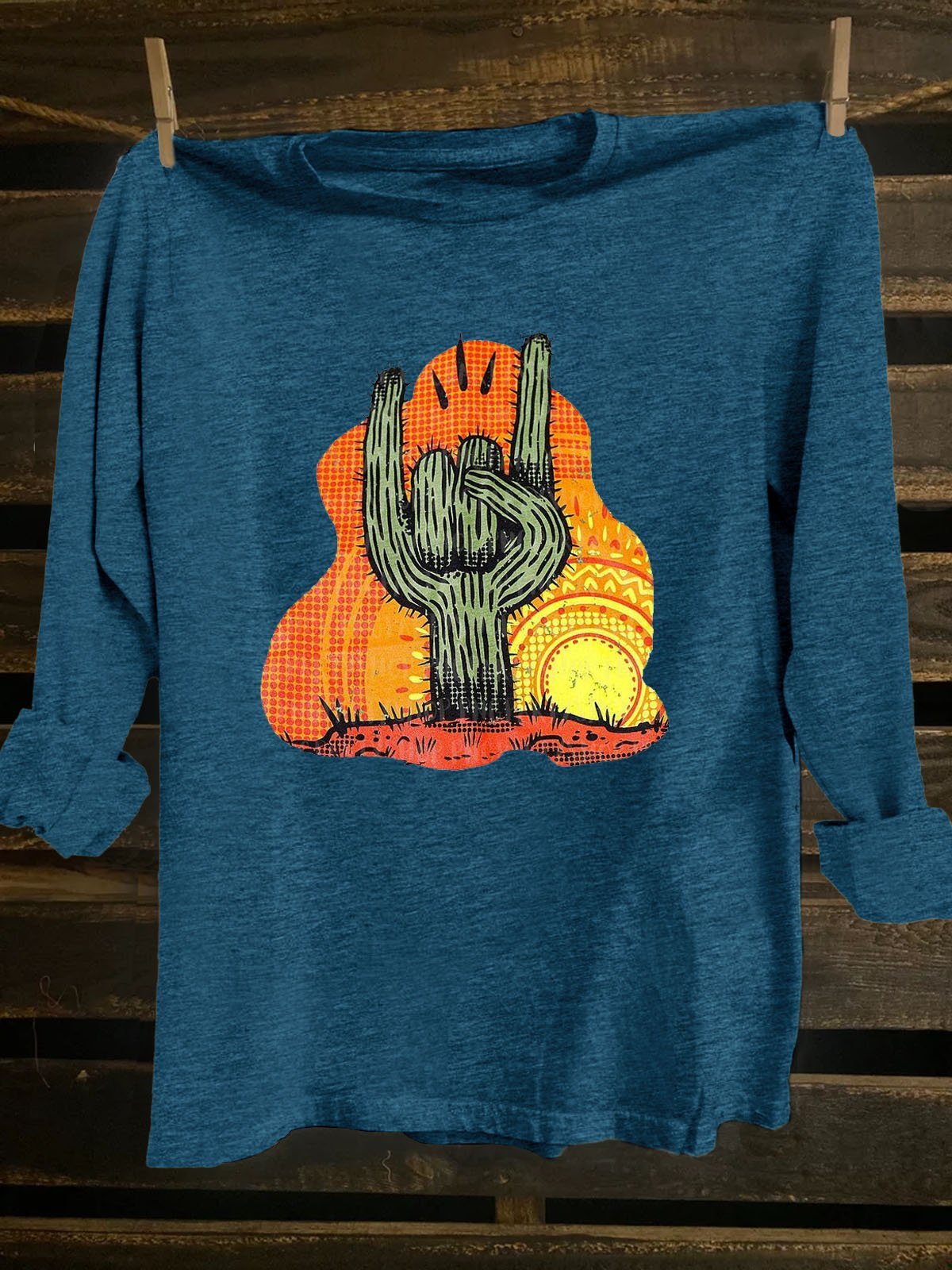 Cactus Scenery Printed Western Style Long SleeveT-Shirt
