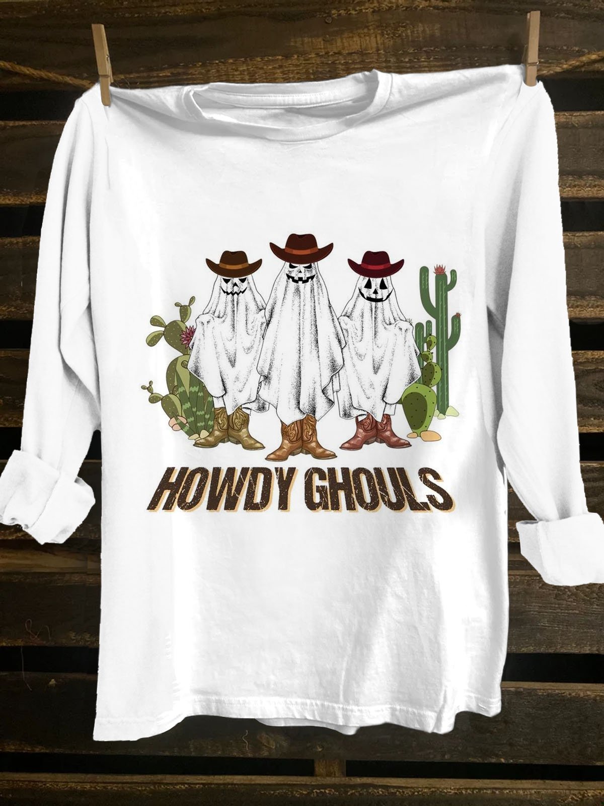 Hallow Text Letters Printed Long Sleeve Western Style T-Shirt