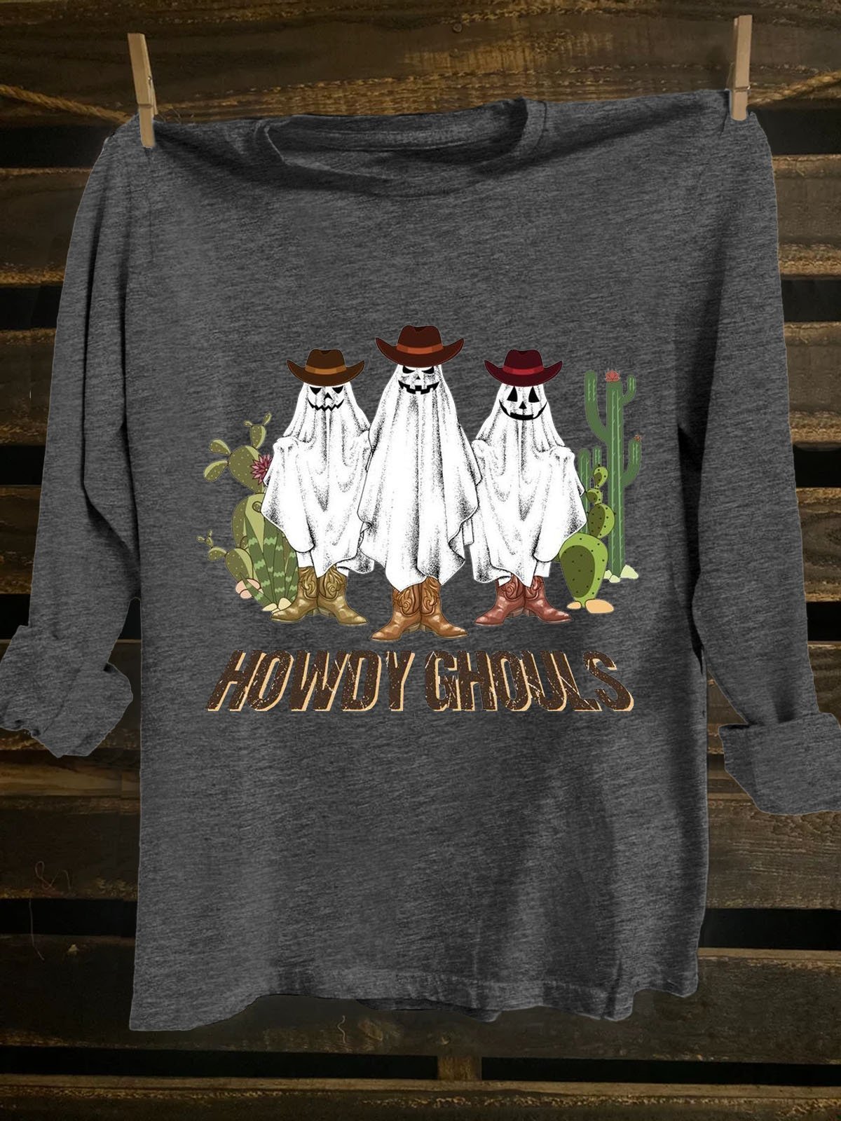 Hallow Text Letters Printed Long Sleeve Western Style T-Shirt