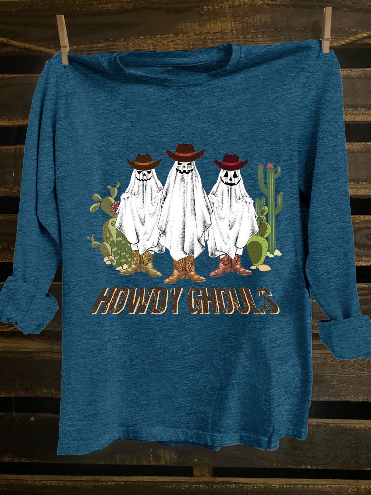 Hallow Text Letters Printed Long Sleeve Western Style T-Shirt