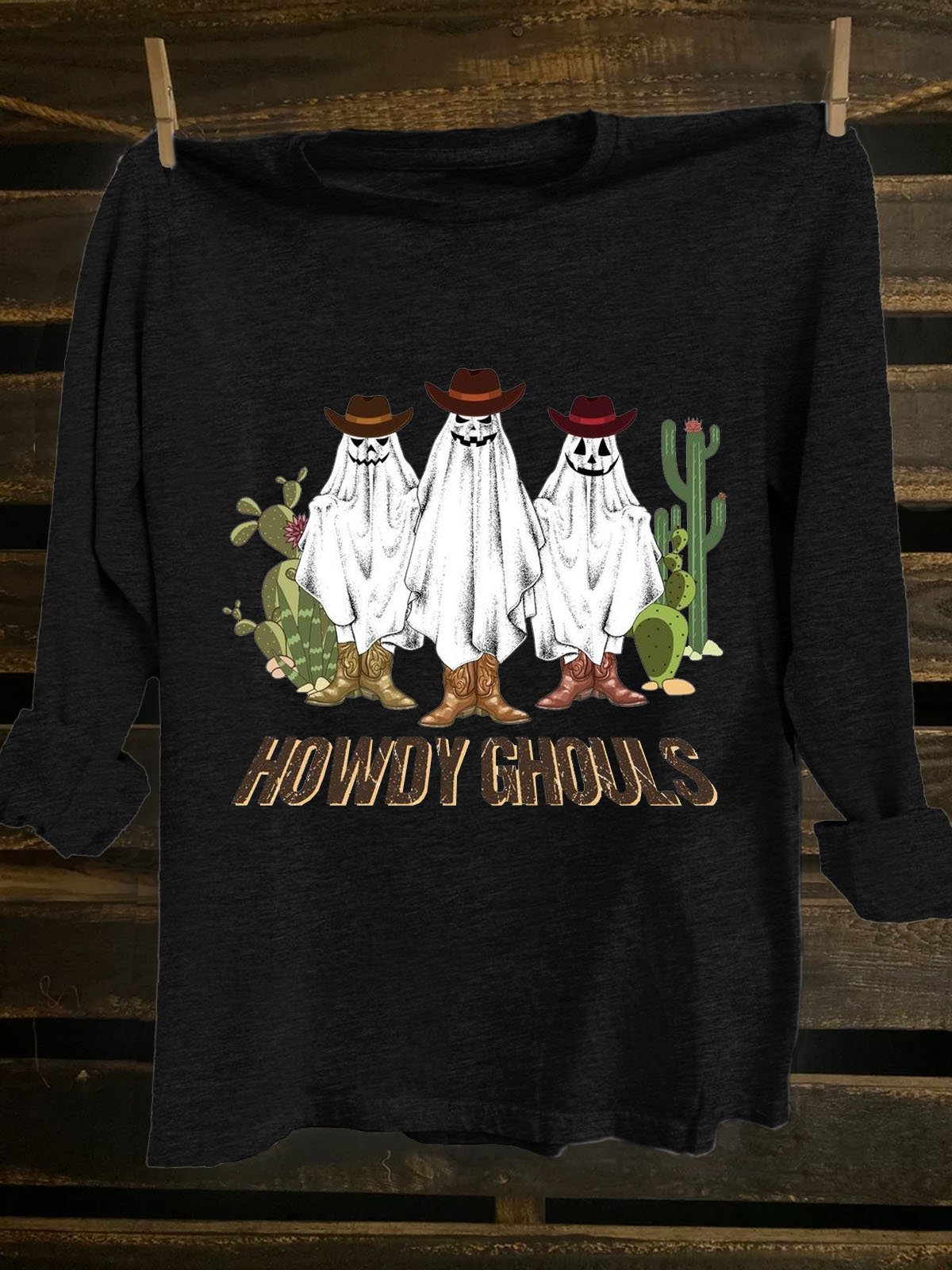Hallow Text Letters Printed Long Sleeve Western Style T-Shirt