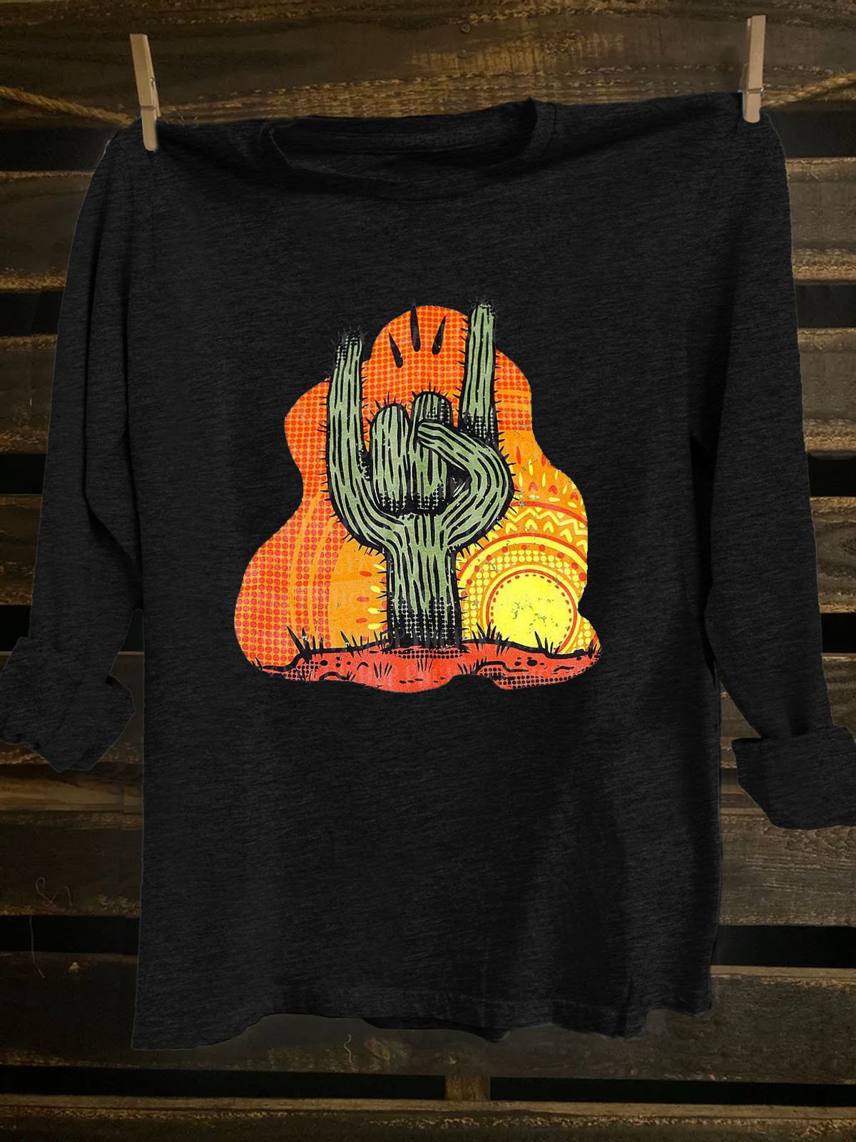 Cactus Scenery Printed Western Style Long SleeveT-Shirt