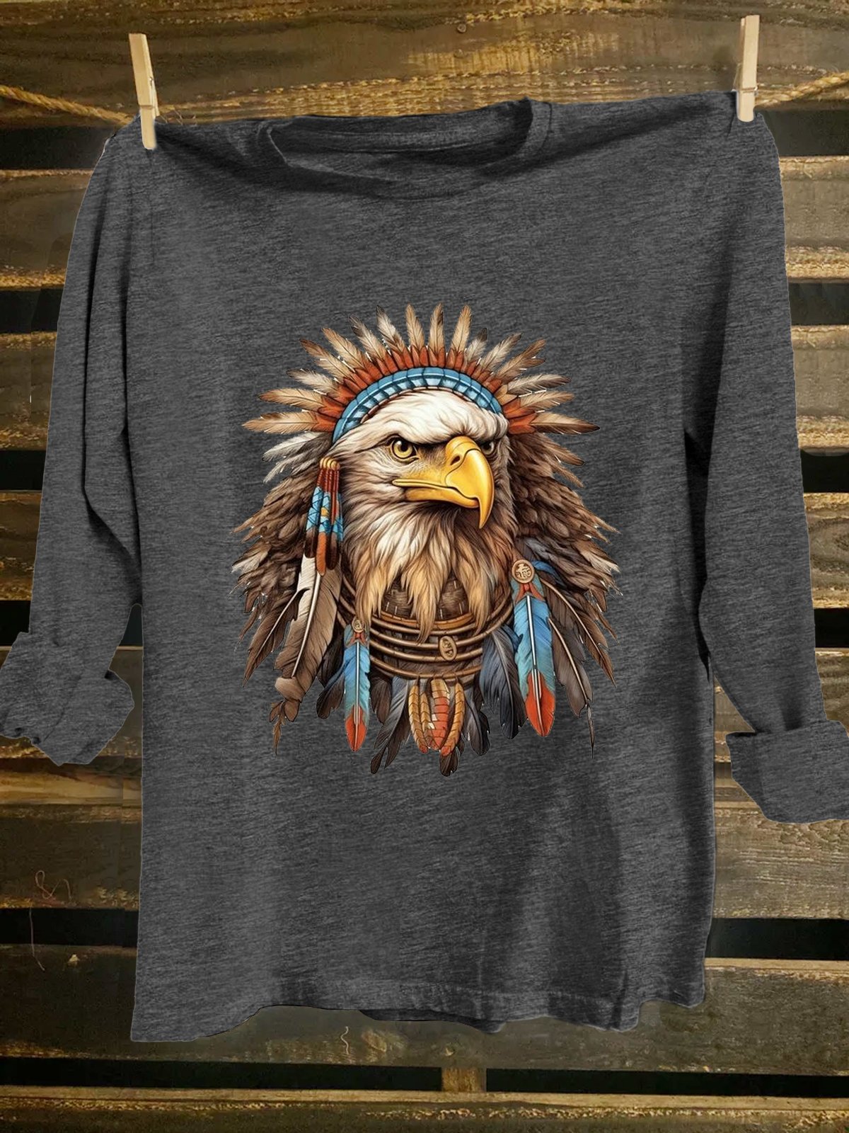 Feather Pattern Eagle  Crew Neck Western Style Loose T-Shirt