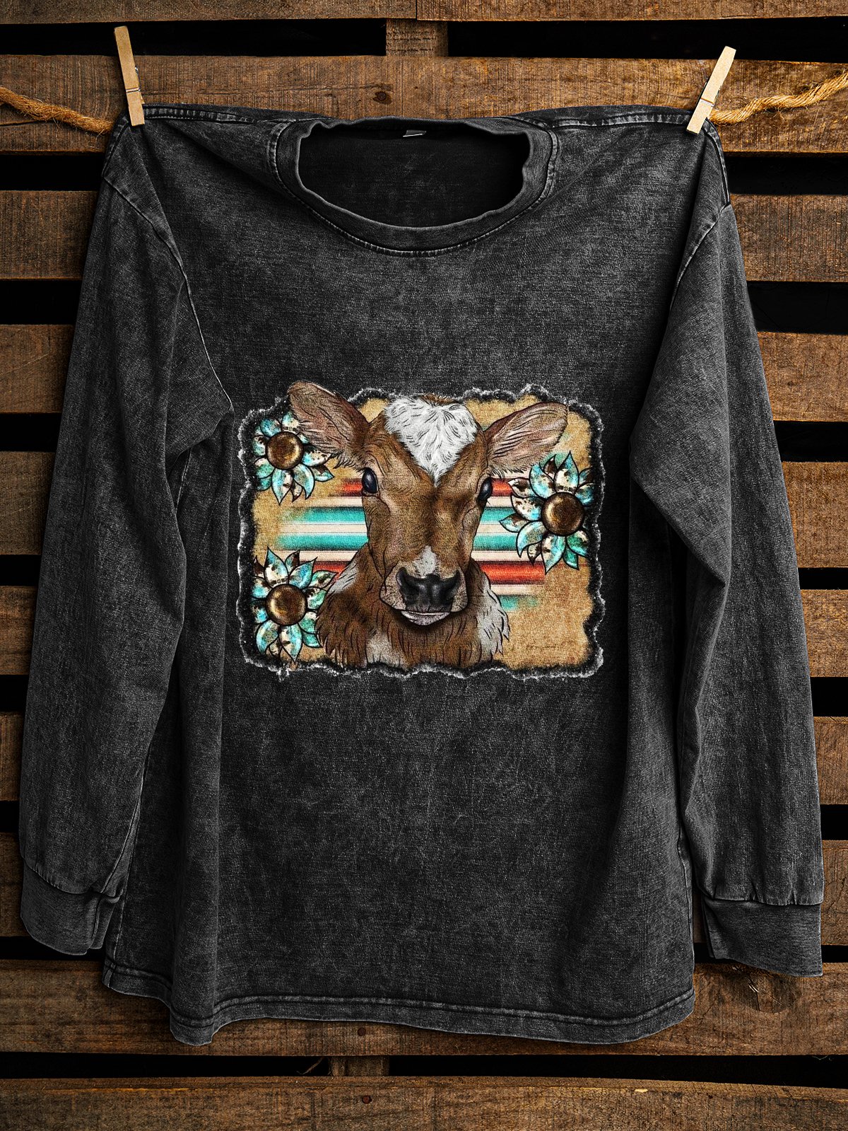Western Style Loose Distressing Crew Neck Sweatshirt