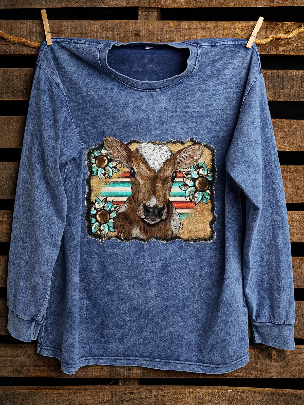 Western Style Loose Distressing Crew Neck Sweatshirt
