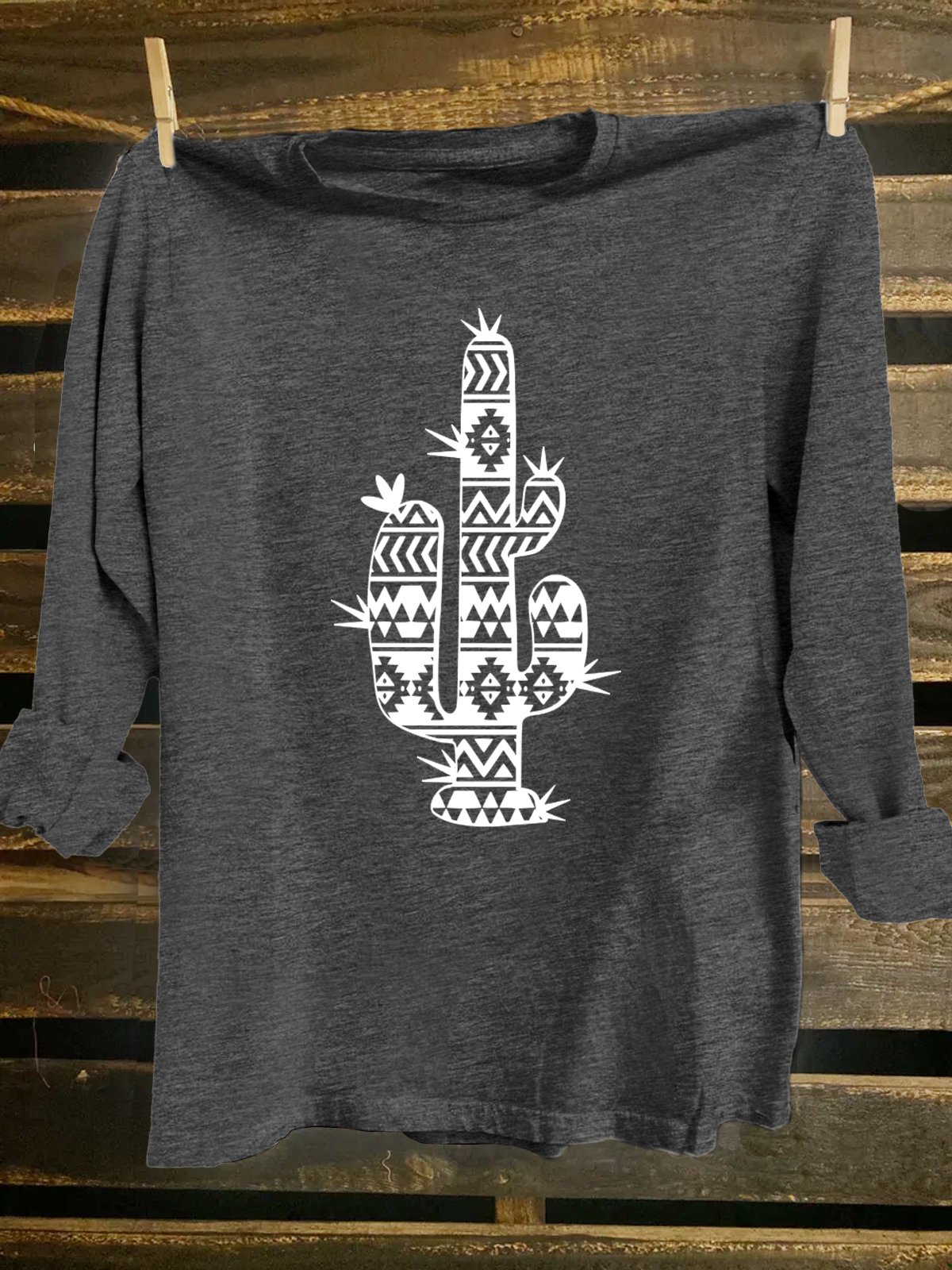 Cotton-Blend Cactus Crew Neck Western Style T-Shirt
