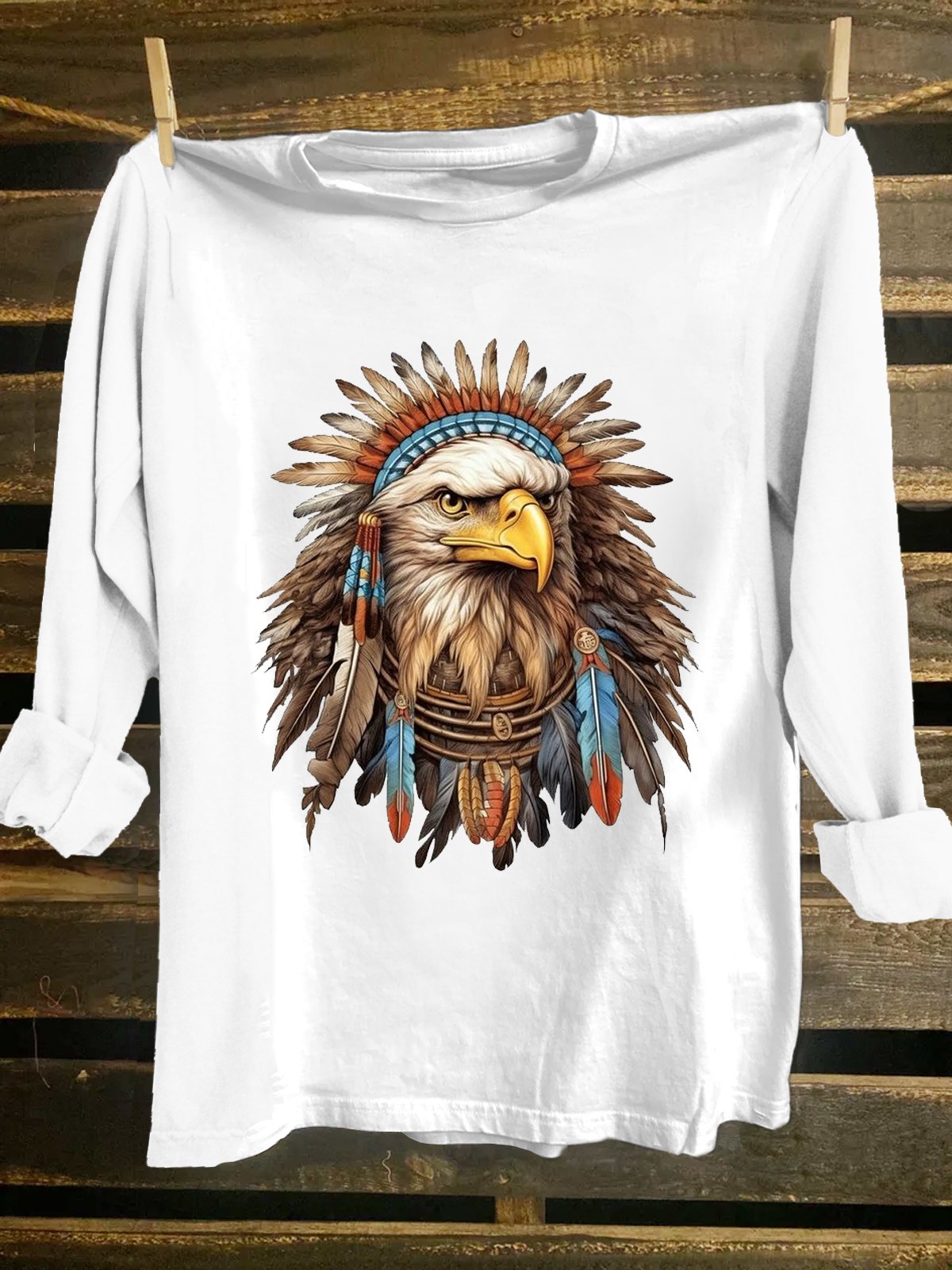 Feather Pattern Eagle  Crew Neck Western Style Loose T-Shirt
