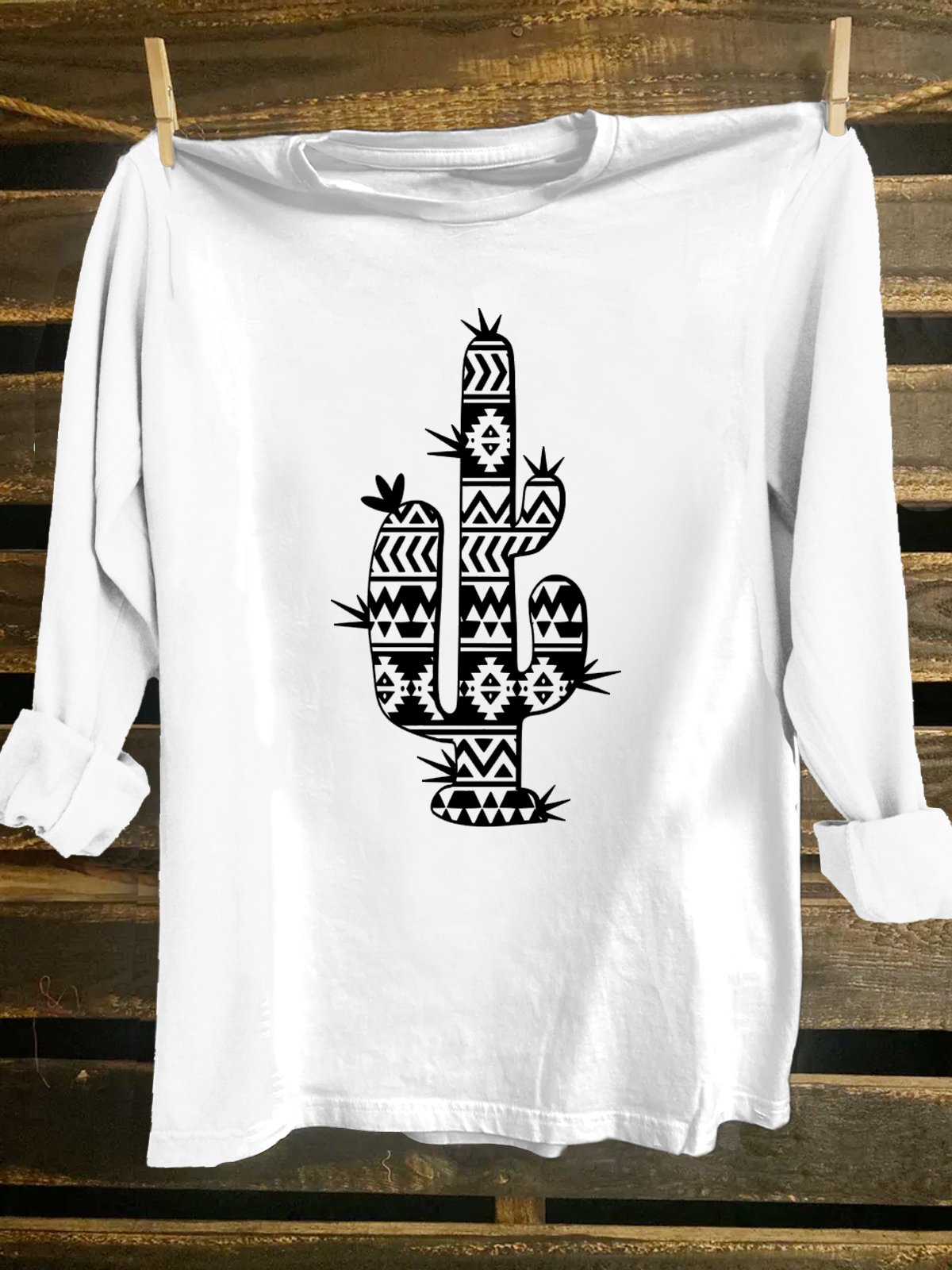 Cotton-Blend Cactus Crew Neck Western Style T-Shirt