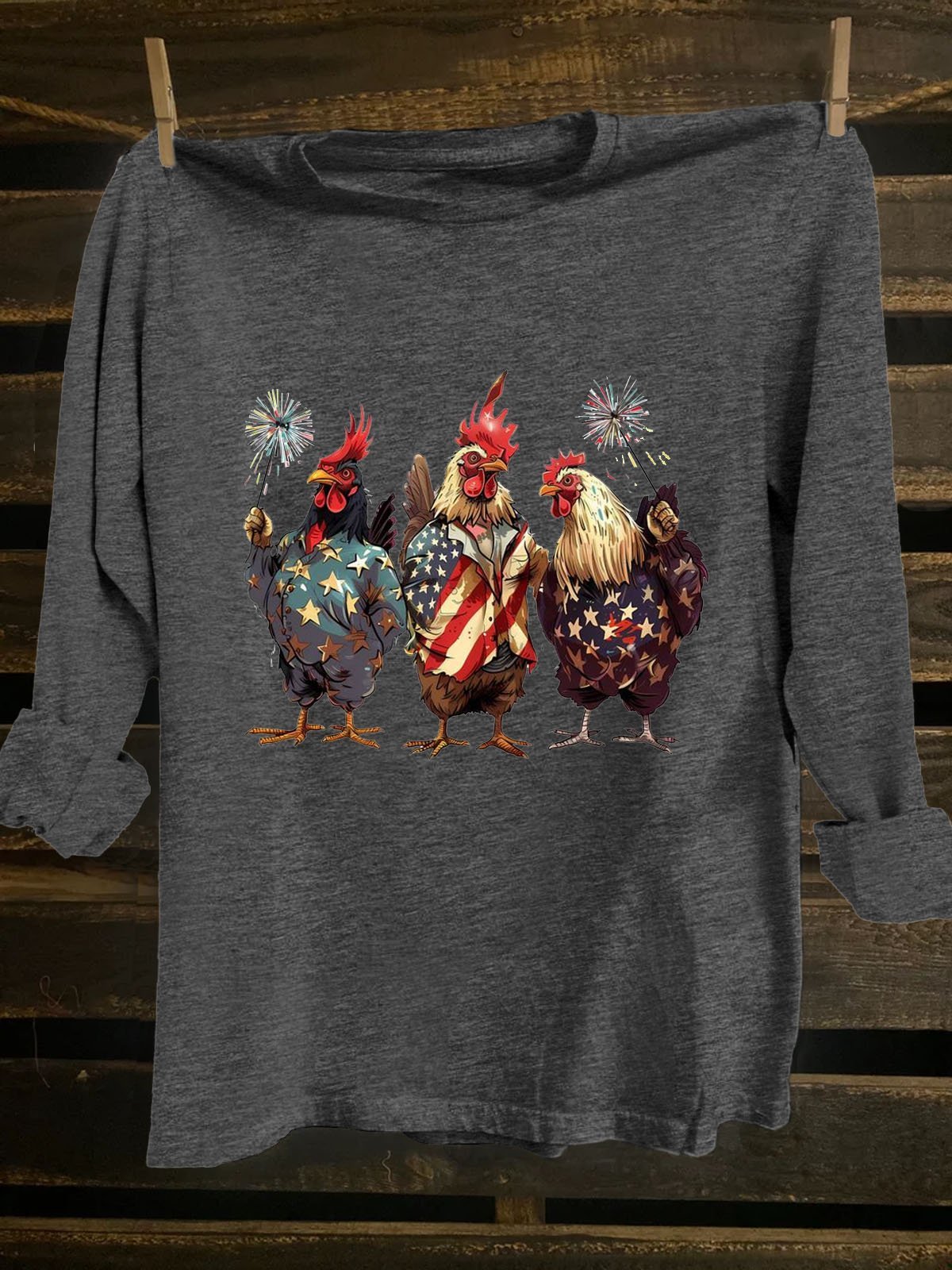 American Flag Funny Chicken Printed Crew Neck Western Style T-Shirt