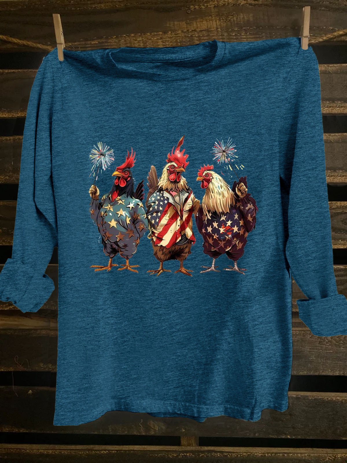 American Flag Funny Chicken Printed Crew Neck Western Style T-Shirt