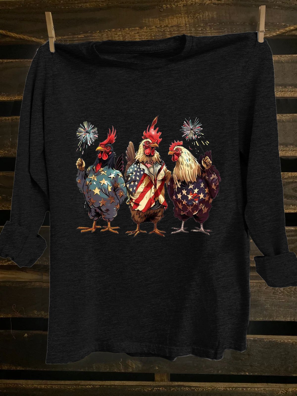 American Flag Funny Chicken Printed Crew Neck Western Style T-Shirt