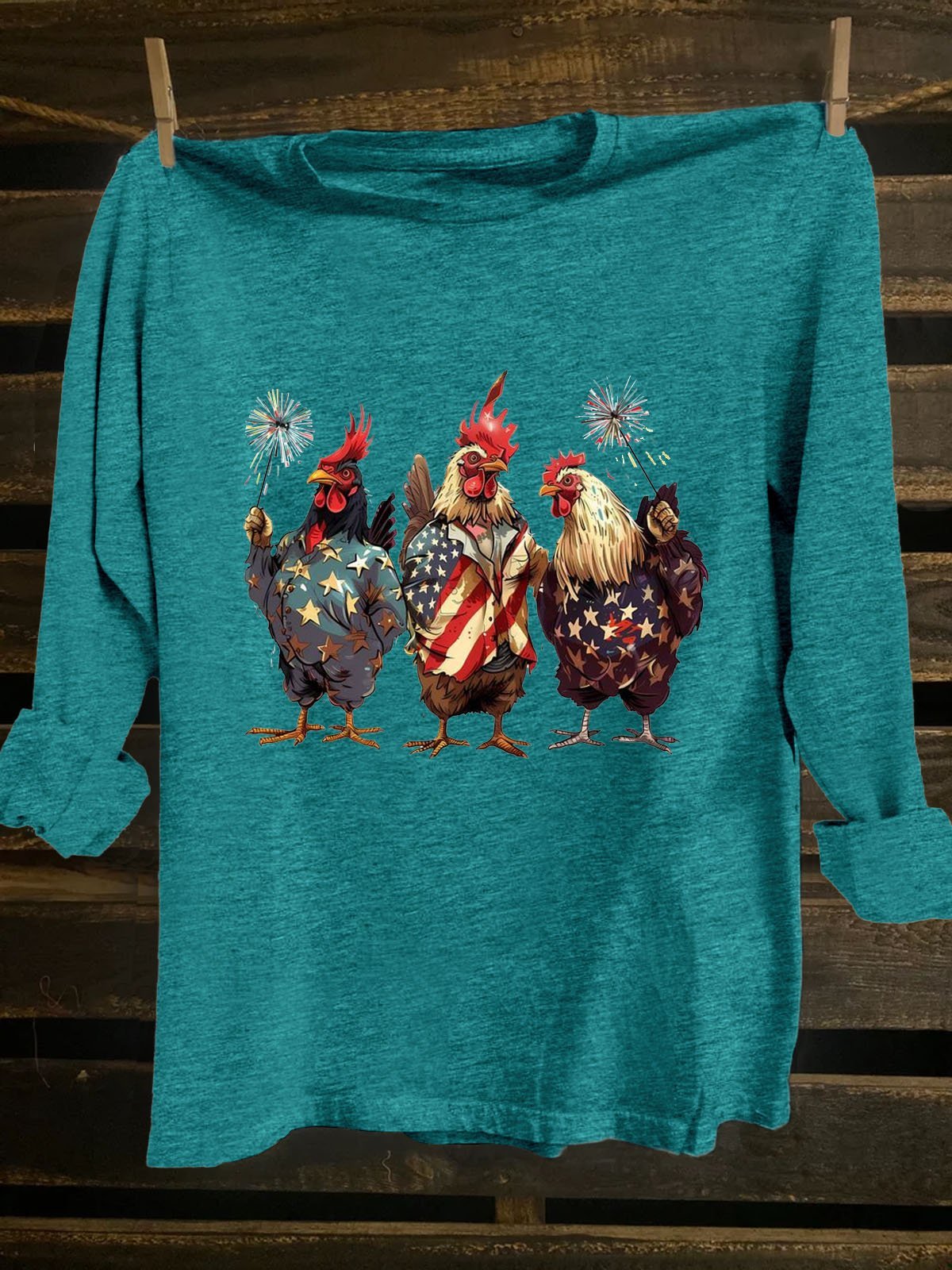 American Flag Funny Chicken Printed Crew Neck Western Style T-Shirt