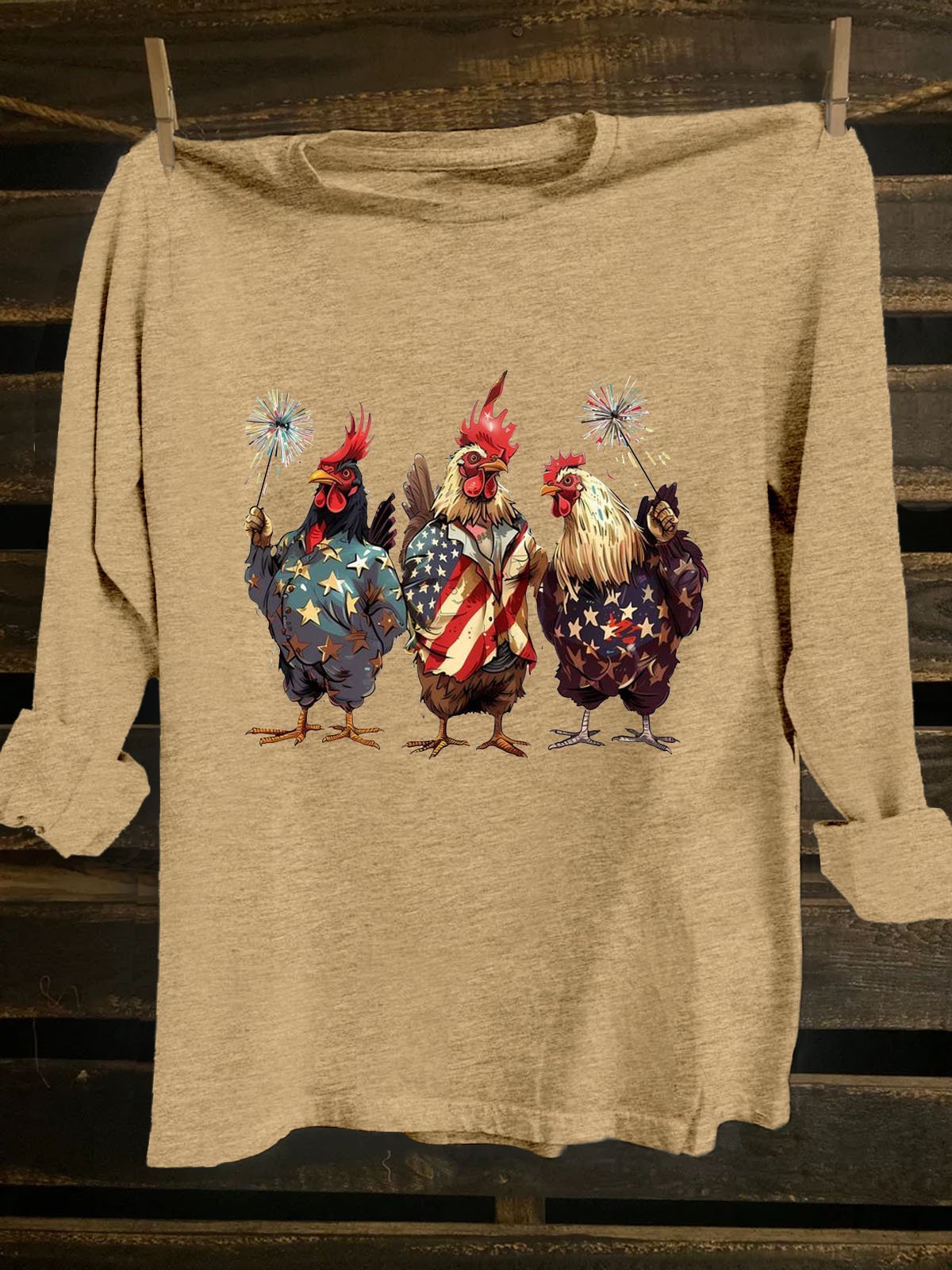 American Flag Funny Chicken Printed Crew Neck Western Style T-Shirt