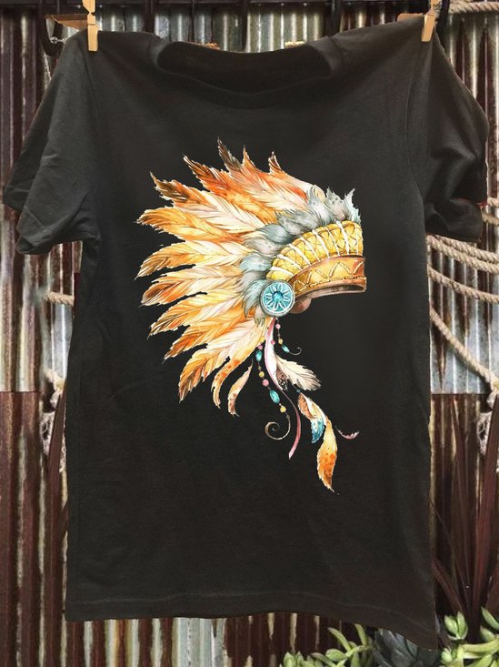 Western Style Cotton-Blend Loose Feather T-Shirt