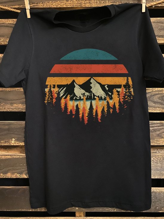 Crew Neck Western Style Cotton-Blend Scenery T-Shirt