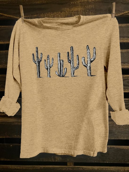 Western Style Cactus Cotton-Blend Crew Neck T-Shirt