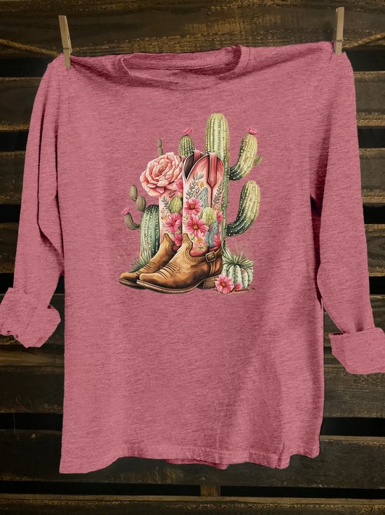Cotton-Blend Loose Western Style Cactus T-Shirt