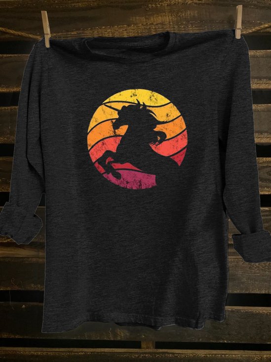 Western Style Loose Cotton-Blend Horse T-Shirt
