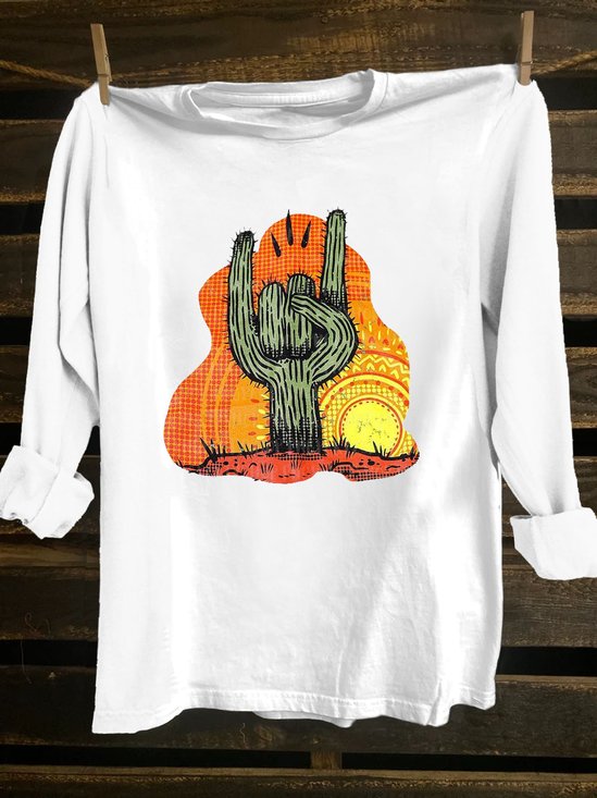 Cactus Scenery Printed Western Style Long SleeveT-Shirt