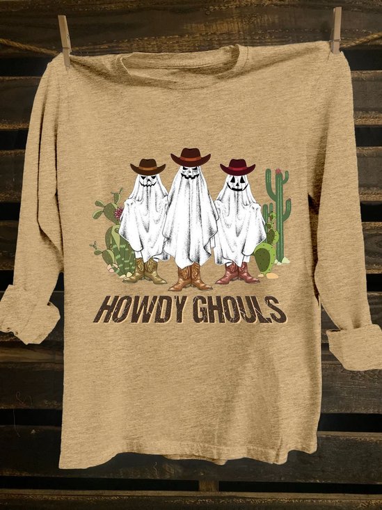 Hallow Text Letters Printed Long Sleeve Western Style T-Shirt