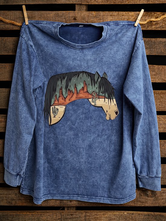 Crew Neck Loose Horse Western Style Sweatshirt