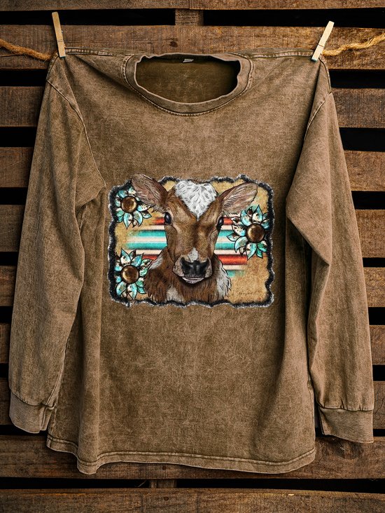 Western Style Loose Distressing Crew Neck Sweatshirt
