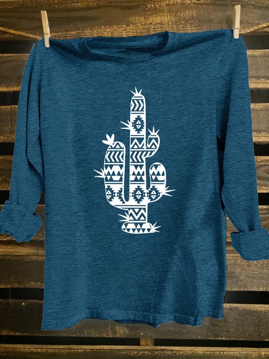Cotton-Blend Cactus Crew Neck Western Style T-Shirt