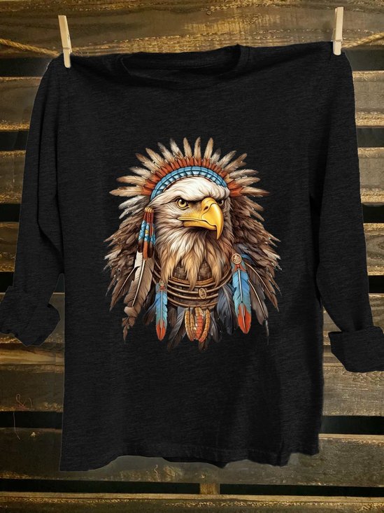 Feather Pattern Eagle  Crew Neck Western Style Loose T-Shirt