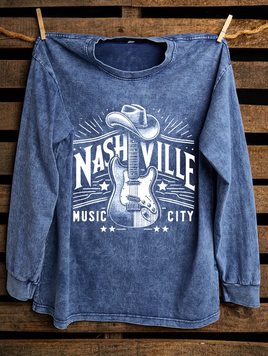 Western Style Nashville Music Letter Pattern Loose Distressing Sweatshirt