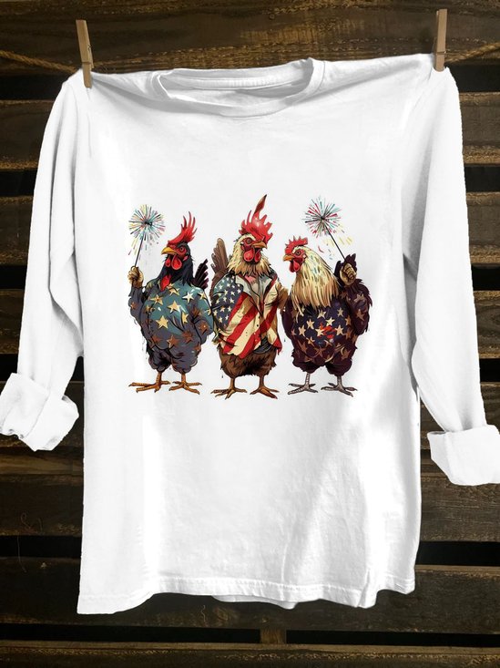 American Flag Funny Chicken Printed Crew Neck Western Style T-Shirt