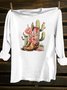 Cotton-Blend Loose Western Style Cactus T-Shirt