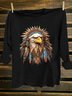 Feather Pattern Eagle  Crew Neck Western Style Loose T-Shirt